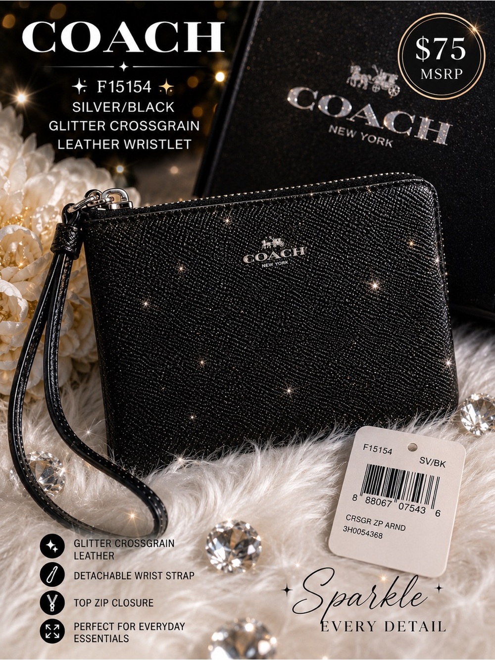 Coach F15154 Black Glitter Crossgrain Leather Corner Zip Wristlet NEW